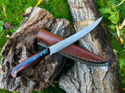 Custom Damascus Steel Fishing Fillet Knife - Diamond Wood