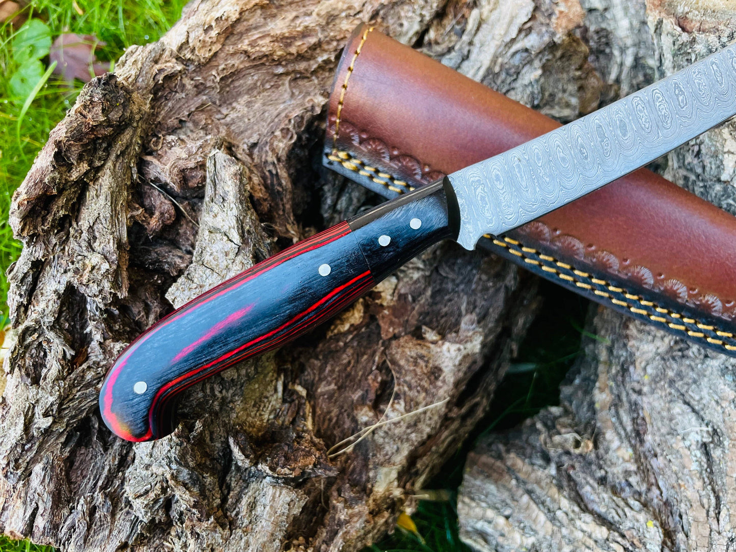 Custom Damascus Steel Fishing Fillet Knife - Diamond Wood