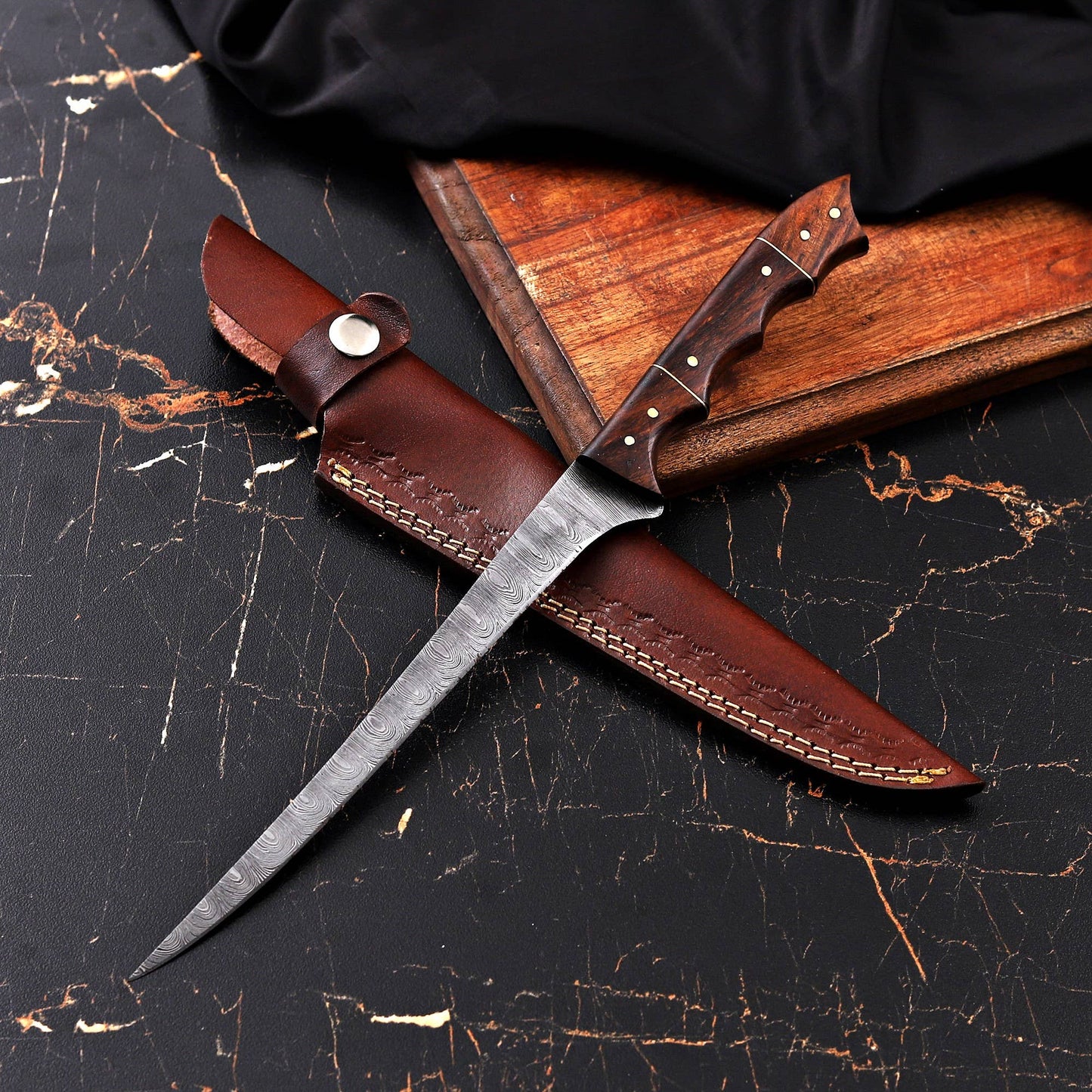 Custom Damascus Steel Fishing Fillet Knife - Rosewood