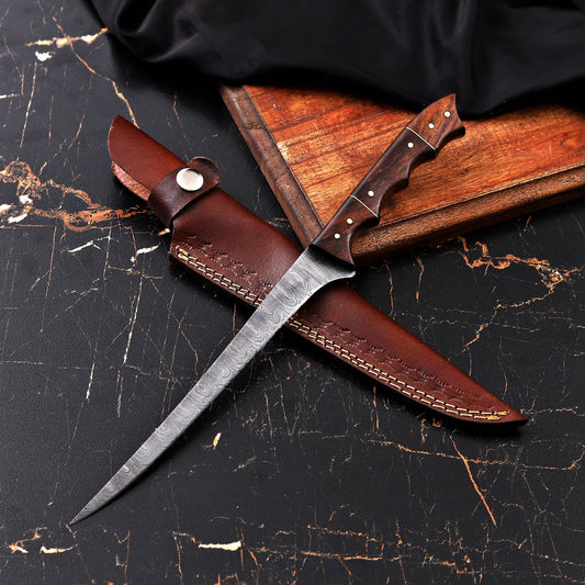 Custom Damascus Steel Fishing Fillet Knife - Rosewood